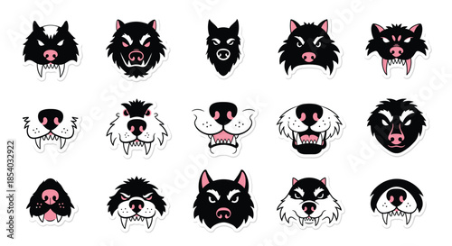 Fierce collection of werewolf and wild beast faces and muzzles, showing angry expressions with sharp teeth and bristling fur.