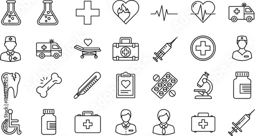 Medical and healthcare service line icon set featuring emergency care, diagnostics, treatment tools, hospital symbols, patient support and clinical workflow elements