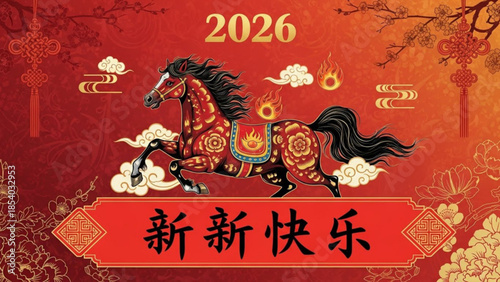 Chinese new year 2026, year of the fire horse, vibrant red and gold illustration with black