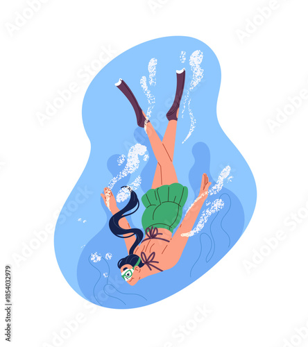 Swimmer does scuba diving in ocean. Diver swimming deep underwater, undersea. Young woman with fins, goggles is in water at sea resort in summer. Flat isolated vector illustration on white background.