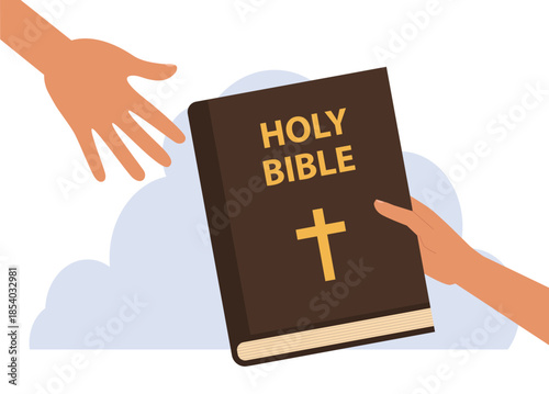 Holy bible in hand believer handing over book of prayers to another person for salvation