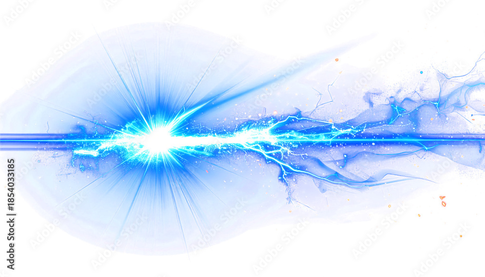 Obraz premium Abstract blue energy flash with electric arcs, light streaks, and particle effects. Dynamic camera lens flare explosion on a transparent background for special effects and futuristic concepts.