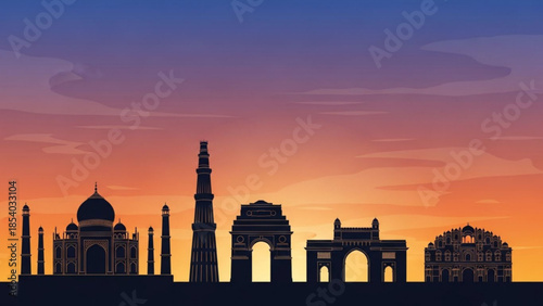 Silhouette of famous indian monuments including taj mahal and india gate at sunset with vibrant