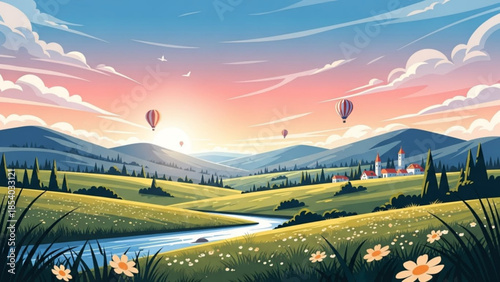 Hot air balloons fly over a serene landscape with rolling hills, a river, and a castle at sunset