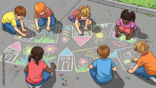Group of diverse children drawing colorful street art with chalk on pavement outdoors, creating houses, flowers, and sun