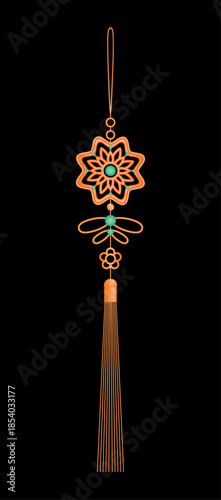 Korean Traditional Star Floral Norigae Ornament, Colorful Asian Decorative Vector.