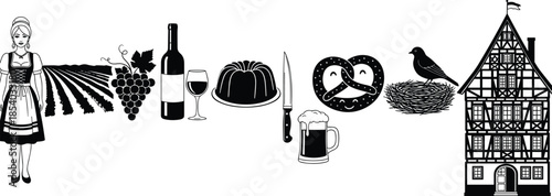 German Cultural Icon Set Featuring Dirndl Woman Grapes Wine Bundt Cake Pretzel Beer Mug Bird Nest and Traditional Half Timbered House Silhouette