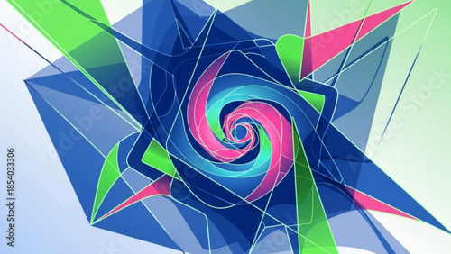 Vibrant abstract spiral artwork with geometric shapes in blue, pink, green hues on white