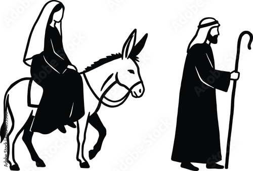 Biblical nativity journey silhouette of Mary riding donkey with Joseph walking, symbolizing Christmas, faith, holy family, and religious illustration