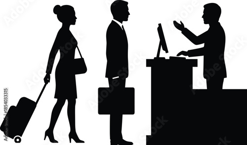 Business people standing at service counter silhouette showing customer assistance, office reception interaction, professional communication, queue management, and workplace service support concept