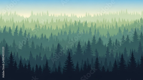Dense misty forest with tall evergreen trees in various shades of green under a blue gradient
