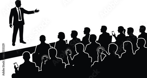 Business speaker presenting to audience silhouette illustration showing leadership, public speaking, conference seminar, communication skills, modern technology use, 