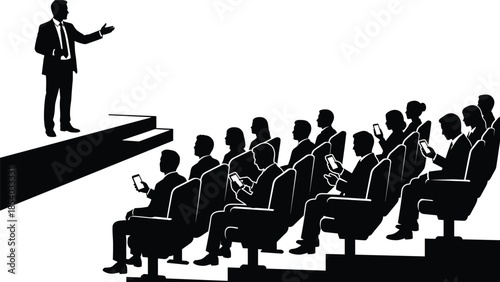 Business presenter addressing seated audience silhouette illustration highlighting leadership, conference seminar, public speaking, digital engagement, professional 