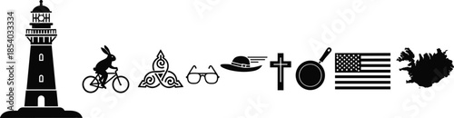 Set of Ceiling Fan Vector Silhouettes Featuring Modern Three Blade Designs and Traditional Four Blade Styles with Integrated Multiple Light Fixtures