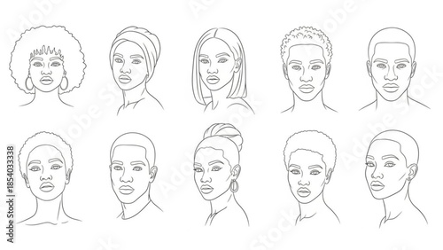 Diverse group of ten people with different hairstyles and expressions in a line drawing style