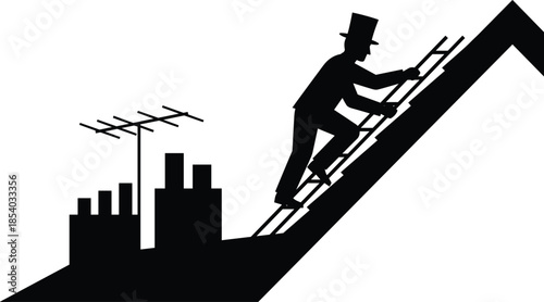 Businessman climbing steep ladder silhouette representing ambition, career growth, risk, success challenge, leadership vision, and entrepreneurial progress in urban environment