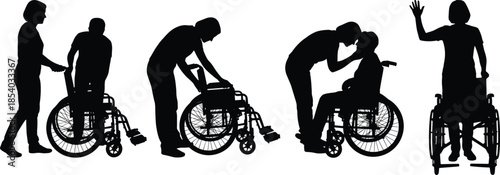 Caregiver assisting wheelchair user silhouette set illustrating disability support, healthcare help, rehabilitation care, accessibility, compassion, and inclusive human interaction concepts