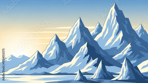 Snowy mountain range with icy peaks rising above calm water at sunrise or sunset