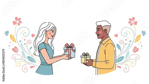 Man and woman exchanging gifts in a celebratory illustration with floral elements