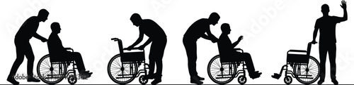 Caregiver helping wheelchair user silhouette sequence illustrating disability assistance, rehabilitation support, healthcare care, mobility aid, accessibility, and compassionate human interaction
