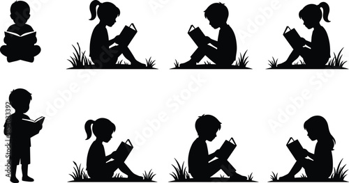 Children reading books silhouette icon set illustrating learning, education, literacy, imagination, childhood study habits, and peaceful outdoor reading activitiesChildren 