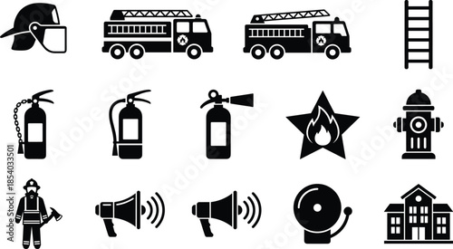 Fire safety emergency icon set featuring firefighter equipment, alarm symbols, extinguishers, fire trucks, hydrant, ladder, and rescue tools illustration