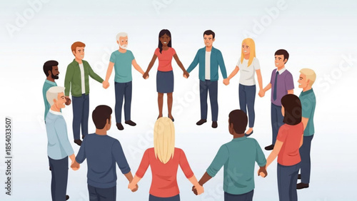 Diverse group of people holding hands in a circle, teamwork unity and diversity concept