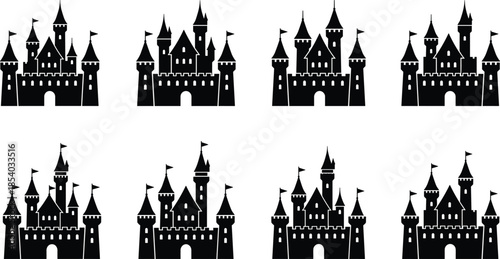 Medieval fantasy castle silhouette icon set featuring fairytale fortresses, towers, flags, and royal architecture symbols for creative design projects