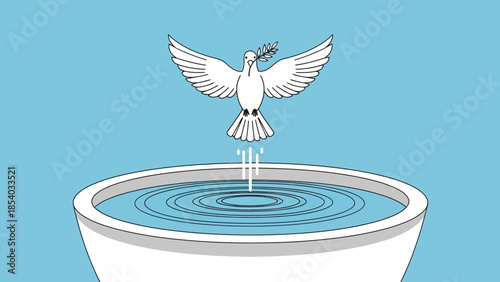 Dove carrying olive branch flies over serene water bowl