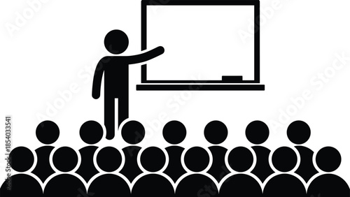 Minimal classroom education icon showing teacher presenting lesson on blackboard to students, symbolizing learning, training, seminar, and academic instruction