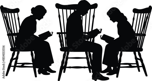 People reading books on wooden chairs silhouette illustration symbolizing education, quiet study, knowledge sharing, book club discussion, and intellectual lifestyle