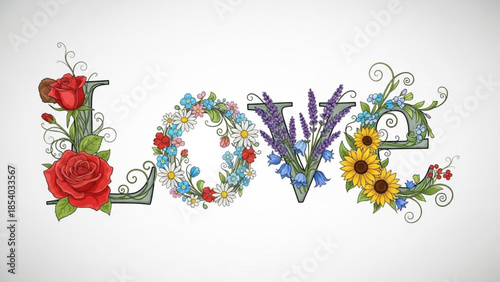 Floral love illustration with decorative metal letters l o v e adorned with roses, wildflowers, lavender, and sunflowers on white