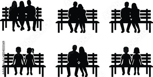 People sitting on park benches silhouette icon set showing couples, friends, families, social interaction, relaxation, and everyday urban lifestyle moments