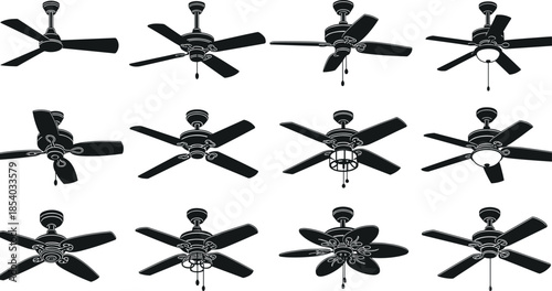 Vector Set of Ceiling Fan Silhouettes Featuring Various Blade Counts and Light Fixture Styles for Interior Design and Home Appliance Graphics