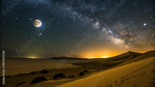 Breathtaking Desert Night Sky with Milky Way and Full Moon Cinematic Landscape Scene