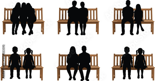 People sitting on park bench silhouette set illustrating friendship, couples, family moments, social interaction, relaxation, and everyday human relationships concept