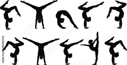 Yoga and acrobatic fitness silhouette set showcasing dynamic poses for balance, strength, flexibility training, athletic performance, and wellness inspiration