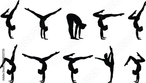 Yoga and acrobatic fitness silhouettes showing dynamic poses, balance, strength, flexibility training sequence for athletic wellness and workout inspiration