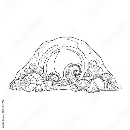 Seashell Grotto Illustration for coloring books or nautical design projects