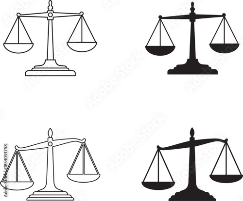 Set of four black silhouette and line art scales of justice illustrations