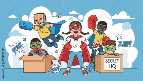 Group of diverse cartoon superheroes in colorful costumes playing in boxes with secret hq sign