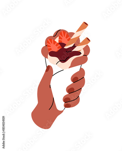 Black human hand with Hong Kong bubble waffle. Person holds cone of belgian wafer with ice cream, chocolate and berries. Tasty dessert, food. Flat isolated vector illustration on white background.