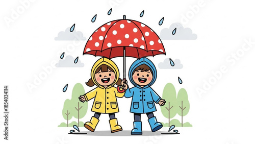 Two happy kids in raincoats and boots walking under red polka dot umbrella on rainy day with trees and clouds