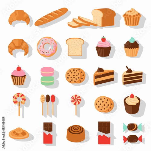 Flat bakery and pastry vector set with bread desserts and confectionery sweets isolated on white background