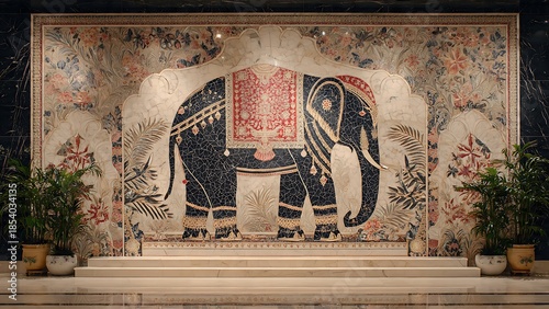 Large Scale Mural of an Elephant in a Marble Lobby Setting