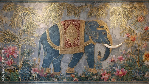 Large Scale Marble Mural Featuring Elephant Surrounded by Floral Elements