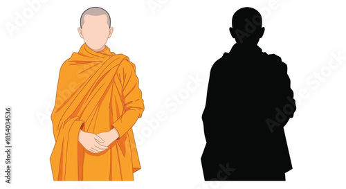 Buddhist monk illustration with a color depiction and its corresponding silhouette