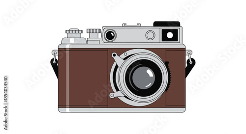 An illustration of a vintage rangefinder camera with a classic design