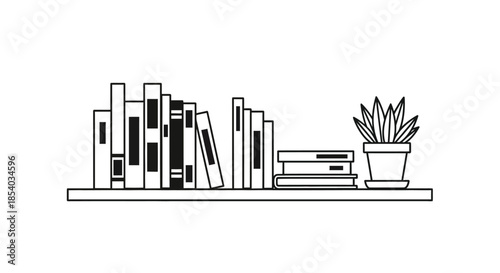 A simple shelf displays books and a potted plant in black and white