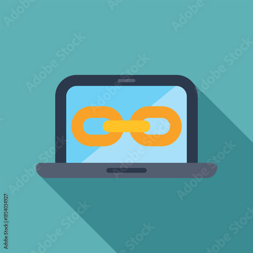 Laptop displaying a chain link symbol representing online connection and networking in flat design